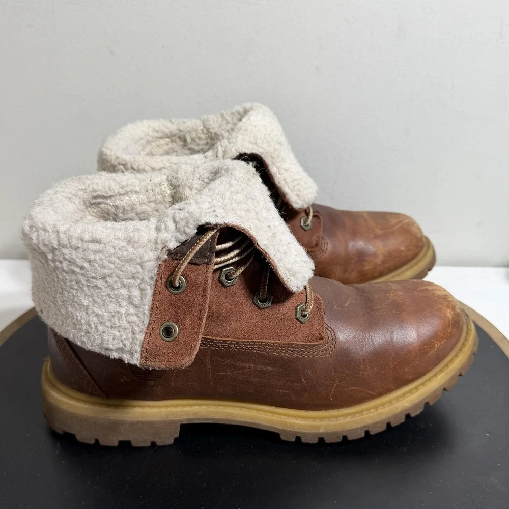 Timberland Boots Men Size 5 Brown Leather Shearling Lined Fold‎ Down Grunge